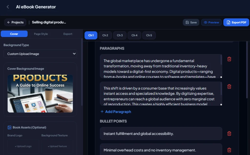 AI Multi-Chapter eBook Builder Studio Interface